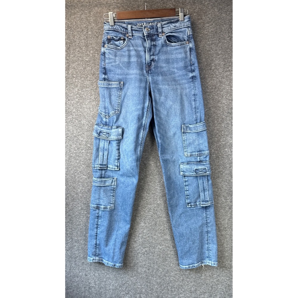 American Eagle Cargo Jeans Womens 0 Blue Super High Rise Baggy Skater Travel Y2K